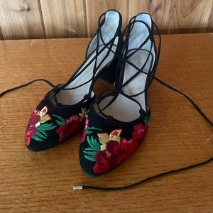 Kenneth Cole Reaction black suede, floral embroidered lace-up block heels